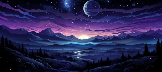 Wall Mural - majestic planet landscape and wonderful starry night. drawing illustration design. generative ai tec