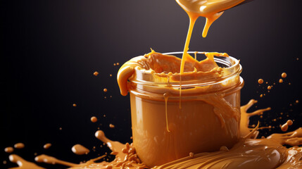 smooth peanut butter dripping into jar