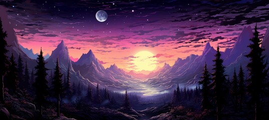 Wall Mural - sunset at fantasy planet landscape. drawing illustration design. generative ai technology.