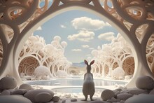 AI Generated Illustration Of A White Rabbit Atop A Rocky Outcropping In A Surreal Forest