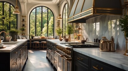 Large luxury kitchen with large window.