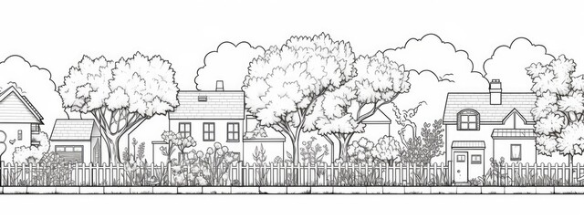 backyard landscape graphic. black and white sketch illustration
