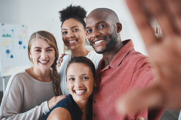 Aufkleber - Selfie, friends and teamwork with a black man and team taking a photograph together in a work office. Collaboration, success and business with a male and female employee group posing for a picture