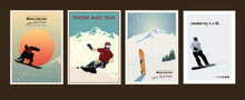 Four Decorative Posters About Snowboarding In Different Styles.