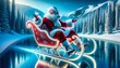 Santa Claus joyfully riding his sleigh over a frozen river amidst snowy pine trees, with a clear blue sky and mountain backdrop.. Generative AI.