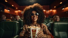 A Woman With A Happy Look Is Watching A Movie In The Cinema While Holding Popcorn. Ai Generative