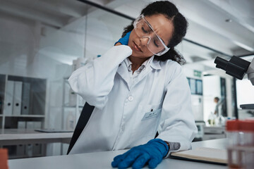 Aufkleber - Stress, woman or scientist with neck pain in a laboratory suffering from burnout, body ache or overworked. Exhausted, injury or tired doctor working on science research with fatigue or tension