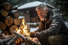 A Middle-aged Man In A Cozy Winter Sweater, Chopping Firewood Outside His Snow-covered Log Cabin, Preparing For A Warm Christmas Eve By The Fireplace