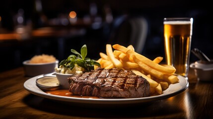 Canvas Print - Grilled steak with french fries and beer on wooden table in pub. Generative Ai. 