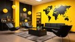 Travel agency office in yellow and black colors. World map on the wall.