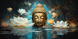 Fototapeta  - Glowing golden buddha decorated with lotuses and colorful flowers