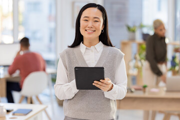 Poster - Happy, tablet with portrait of asian businesswoman and online for research, management and social media branding. Technology, internet and seo with employee for design, creative and startup company