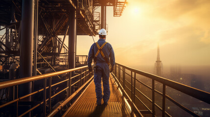 workers working on a modern construction site, a high-rise builder walks through the area.