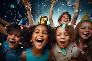 Child birthday concept. Happy boy have fun during birthday party with smiling friends with confetti. Happy multicultural kids having fun celebrating birthday party together with confetti.