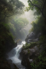 Canvas Print - Misty waterfall view generative AI