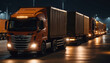 At the transport terminal at night, a long line of trucks formed, waiting to load cargo of various goods. Industrial plants depend on transport trucks for successful deliveries