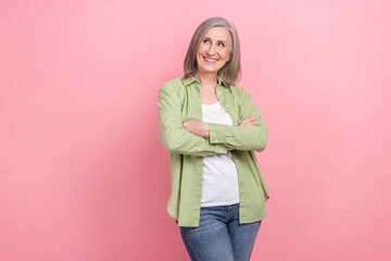 Poster - Photo of retired woman realtor director confident profession look best her proposition cheap house mockup isolated on pink color background