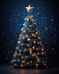 Poster - Magic Christmas tree with lights on dark blue background. Holiday card