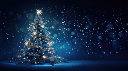Poster - Magic Christmas tree with lights on dark blue background. Holiday card. Copy space
