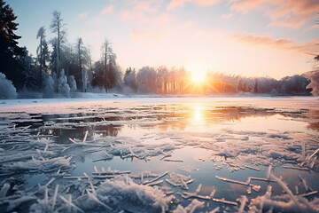 Wall Mural - Frozen lake in winter forest at sunset. Beautiful winter landscape with frozen lake. ai generated art