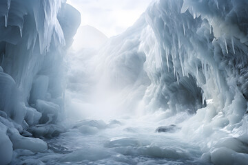 Wall Mural - Icicles and stalactites in a frozen waterfall in winter ai generated art