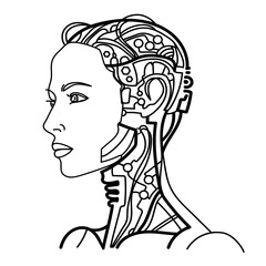 Wall Mural - Artificial intelligence woman line art portrait.Woman robot or android with a beautiful face and wires and microcircuits in her head.Vector black and whiteillustration .Modern technology concept