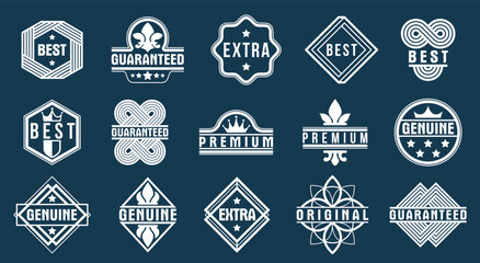 Badges and logos collection for different products and business, black and white premium best quality vector emblems set, classic graphic design elements, insignias and awards.