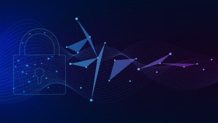 Poster - Cyber security technology concept with padlock and plexus on dark blue background.