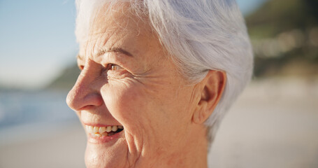 Sticker - Senior woman, smile and sunset at a beach with peace outdoor in nature, sea and elderly female person with mindfulness. Relax, happy and calm old lady thinking by the ocean on holiday in retirement