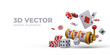 © ArtHub02 - Realistic colored slot machine, stacks of poker chips, playing dice, cards. Concept of different types of gambling. Vector composition with place for advertising text
