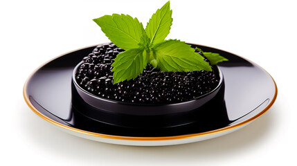 Wall Mural - Plate with black caviar on white background.