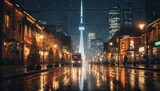 Fototapeta Londyn - Photo of a Vibrant Urban Nightscape With Glistening Wet Pavement and Soothing Raindrops