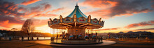 A Swinging Carousel Fair Ride In Amusement Park At Sunset
