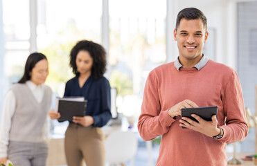 Aufkleber - Happy, smile and tablet with portrait of man for research, management and social media branding. Technology, internet and seo with employee in digital agency for design, creative and startup