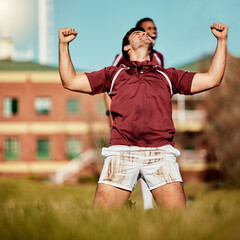 Wall Mural - Rugby success, fitness man and sport celebration on a grass field for sports competition and match. Training, excited athlete and team win with exercise achievement from game workout outdoor