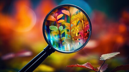 Research in Botany, plant science, plant biology or phytology. Study agriculture and horticulture. magnifying glass on bright nature plant background