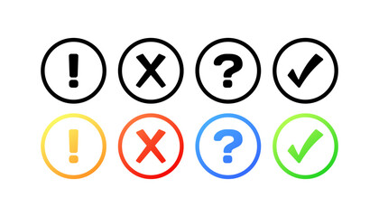Poster - Sign icons. Different styles, color, exclamation mark, cross, question, tick, different signs. Vector icons