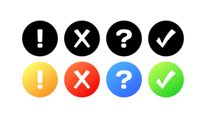 Poster - Different icons. Different styles, color, exclamation mark, cross, question, tick, different signs. Vector icons