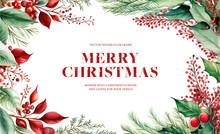 Christmas Greeting Card Template With Watercolor Holly Branches And Berries. Generative AI.