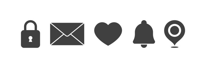Poster - Icons of lock, letters, hearts, notifications, geolocation. Silhouette, grey, different icons for design, castle, letter, heart, bell, geolocation point. Vector icons