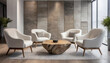 © Martin - Four white armchairs near natural wood live edge coffee table against wall with stone paneling decor. Minimalist home interior design of modern living room.