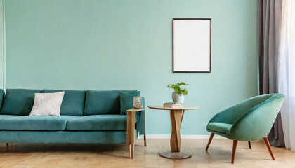 Ellipse table and two chairs near mint sofa against light green wall with art frame poster. Scandinavian, mid-century home interior design of modern living room.