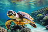 Fototapeta Do akwarium - green sea turtle swimming. Sea turtle swimming in the ocean coral reef. Underwater world.