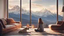 Cozy Winter Retreat: Woman, Dog, And Snowy Mountain View