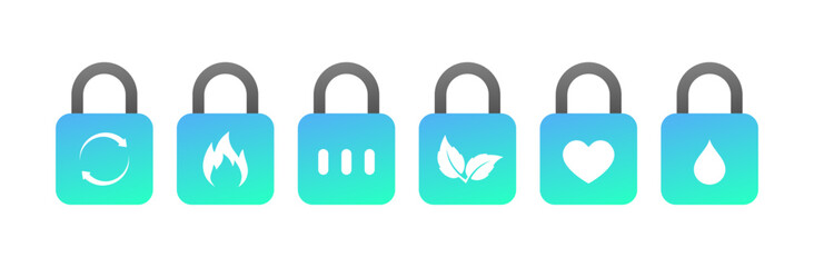 Poster - Locks with different icons inside. Flat, blue, lock with arrows in a circle, fire, leaves, heart, drop inside. Vector icons