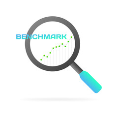 Poster - Benchmark icon. Flat, color, magnifying glass, benchmark chart inside the magnifying glass. Vector icon