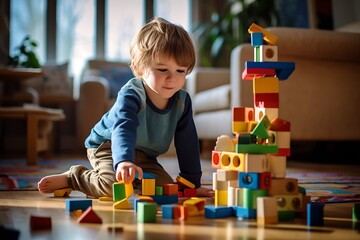 Aufkleber - Generative AI : Kid playing with colorful toy blocks