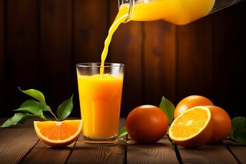 Poster - Generative AI : Fresh Orange Juice Being Poured into a Glass.