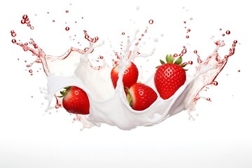 Poster - Generative AI : Milk or yogurt splash with strawberries isolated on transparent and white background