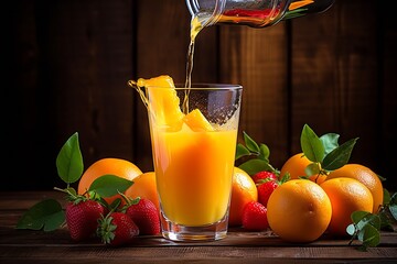 Poster - Generative AI : Fresh Orange Juice Being Poured into a Glass.